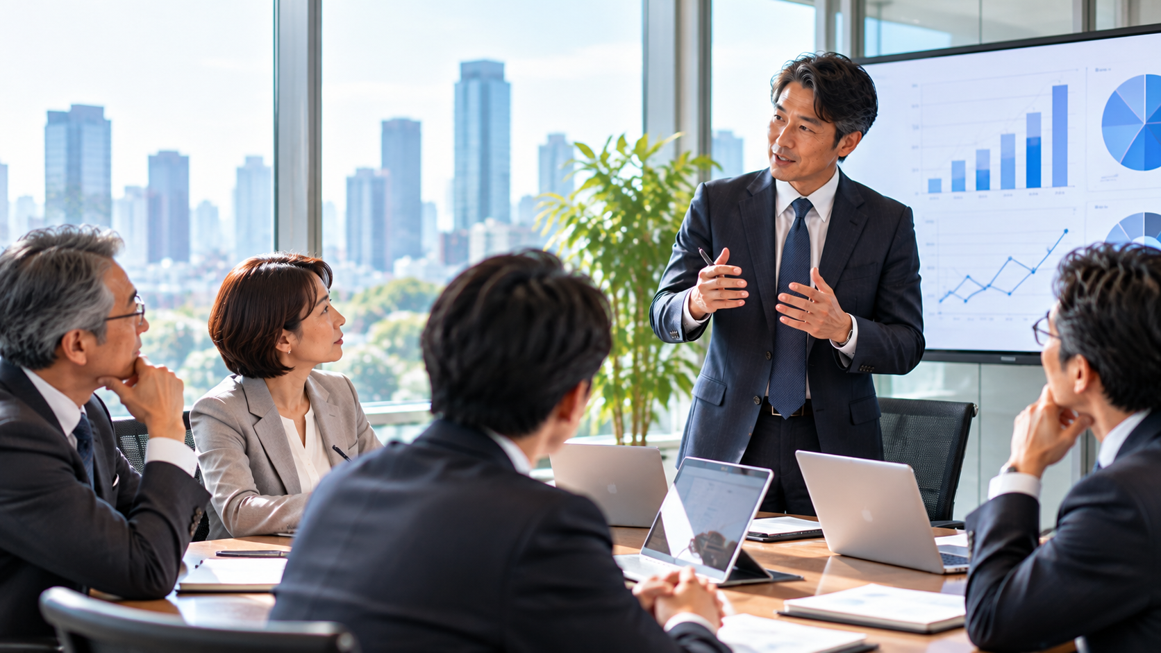 経営者と部長たちが会議室で成功事例を共有している様子